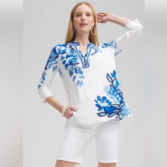 Chico's Tops - Chico’s tunic top linen embellished floral white blue Medium